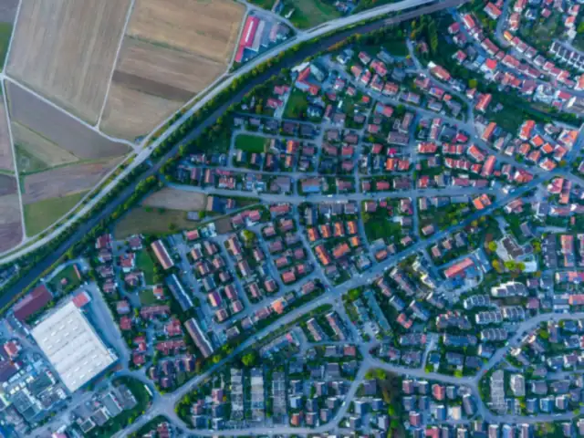 An aerial view of a residential neighborhood