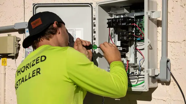 An electrician working inside an electrical panel