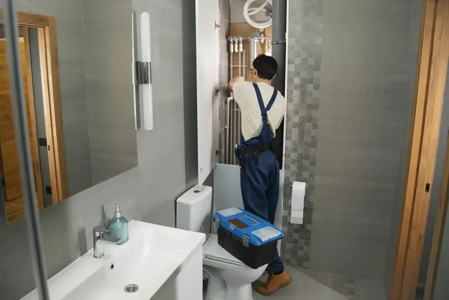 A plumber working on bathroom fixtures