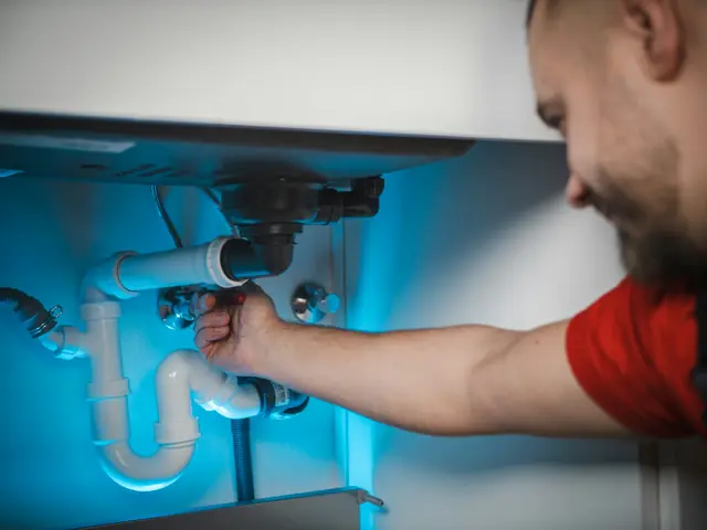 A plumber working on a pipe inside a wall